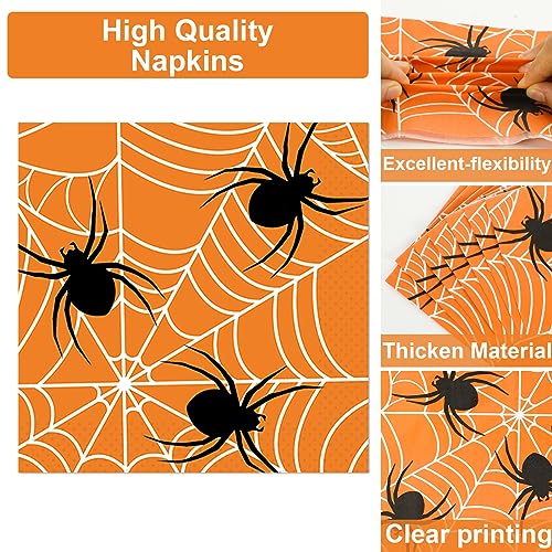 Image of 100 Pcs Spiderweb Party Plates and Napkins - Black and White Halloween Tableware Set for 25 Guests