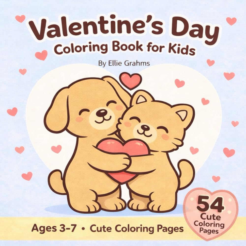 Valentine's day coloring book: 54 Cute and Simple Coloring Pages with Adorable Animals, Hearts & Loving Scenes — Ages 3–7