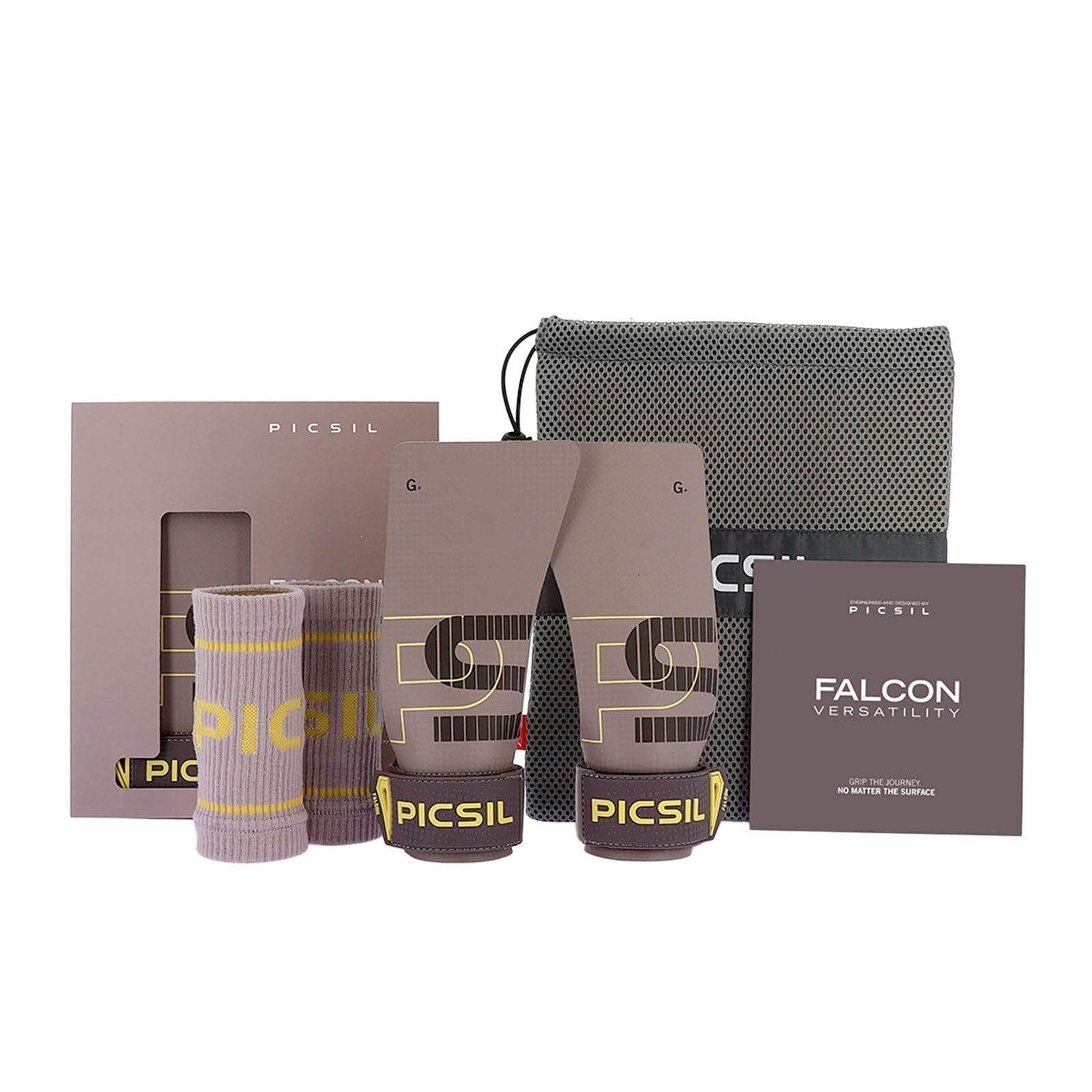 PICSIL Falcon Grips – Fibre de Carbone, Usage avec Magnésie | Double couche fibre de carbone pour adhérence optimale avec magnésie. Inclut 2 bandeaux poignets et sac de transport léger.