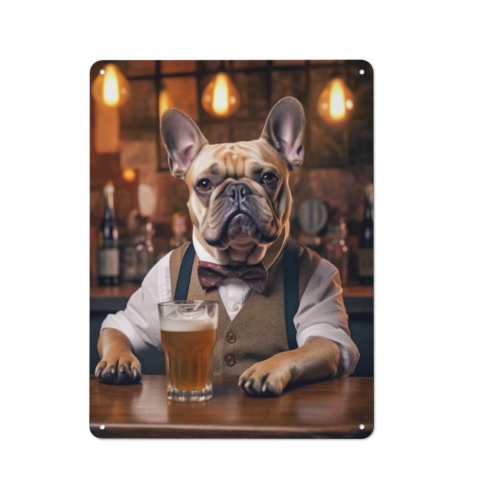 Junmoney French Bulldog In The Pub Retro Metal Plaque 40X30cm Featuring For Garage Wall, A Winter Wall Decor Update For Workshop Decor Fans