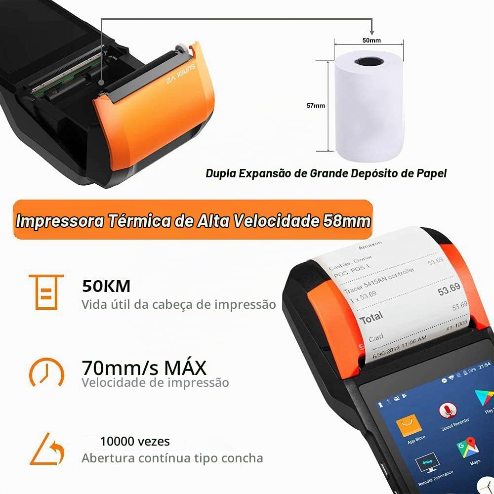 Terminal POS Sunmi V2 com impressora de recibos, altifalante Terminal POS Sunmi V2 com impressora de recibos, altifalante