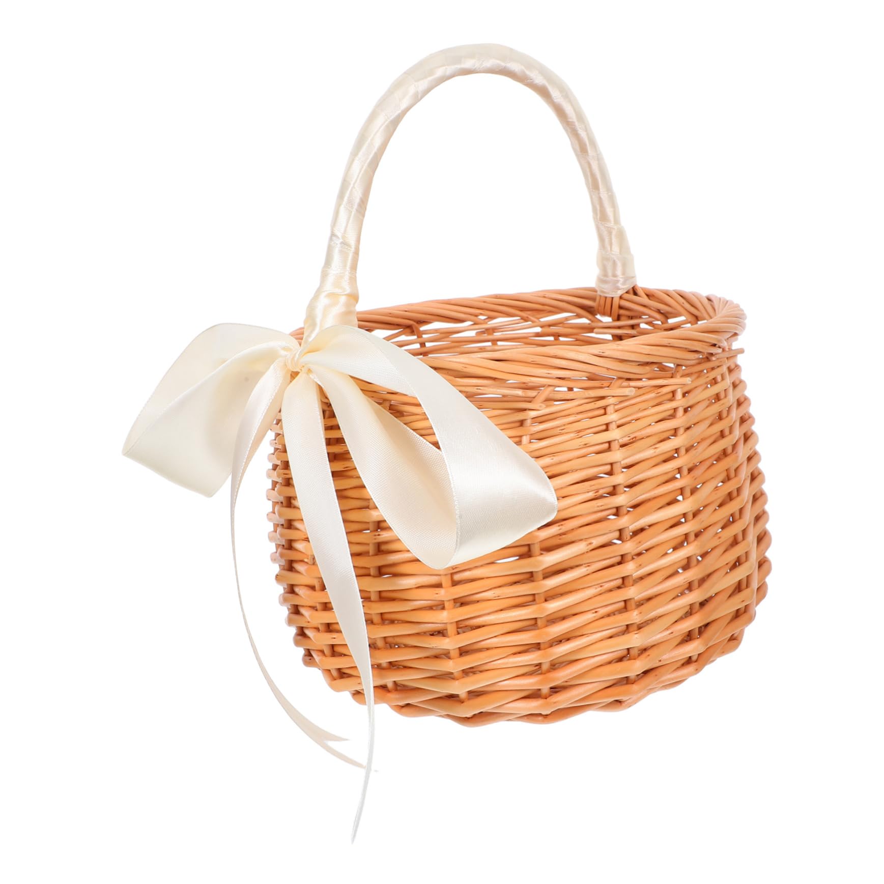 Ipetboom Wicker Flower Girl Basket with Handle Ribbon Bow Handwoven Willow Picnic Hamper for Weddings Stylish Storage Organizer for Home Decoration Outdoor Events