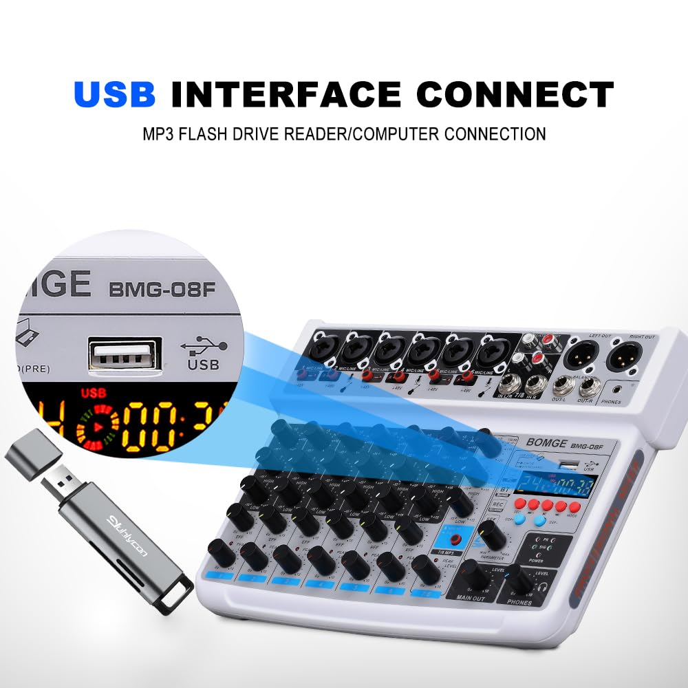 BOMGE 8 channel mini audio mixer Line Mixer ，DC 5V，with MP3 Player,Bluetooth, U disk 48V,24DSP effects, USB recording Ideal for Small Clubs or Bars, Studio Recording (8 channels-WHITE)
