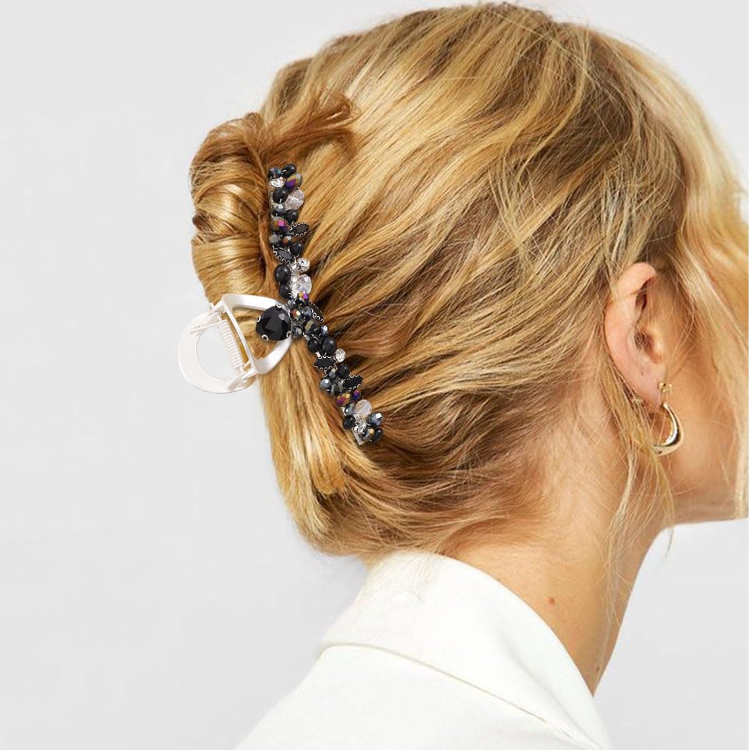 Reaky Rhinestone Hair Claw Clip Silver Metal Claw Clips Large Beaded Hair Jaw Clips Accessories for Women - Image 3