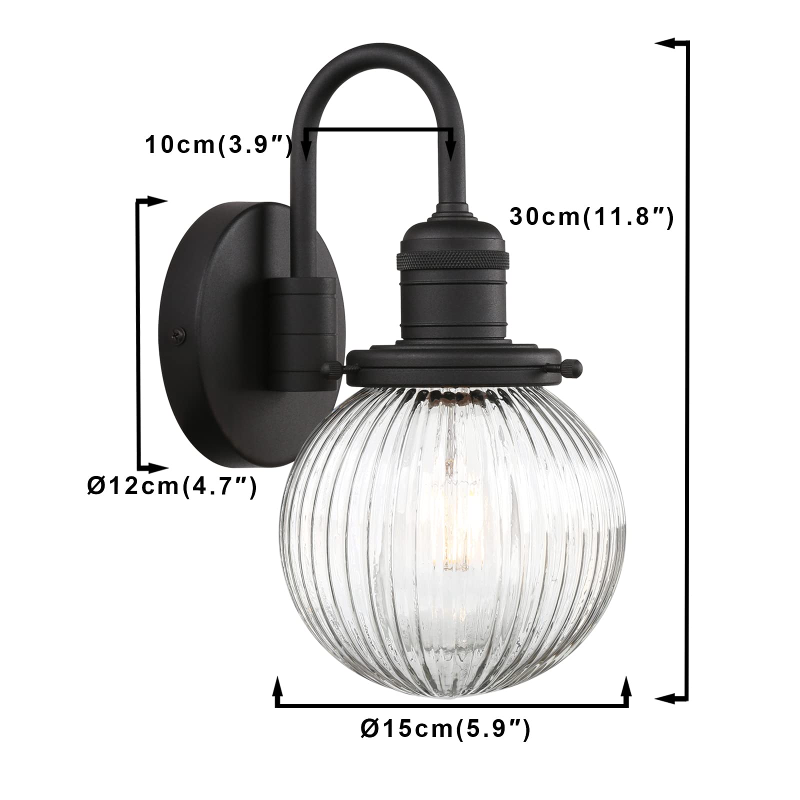 Yosoan Wandleuchte Industrie Loft-Wandlampe Wandbeleuchtung mit geriffeltes Klarglas Wandleuchter Innenleuchte E27 Loft Beleuchtung für Küche, Wohnzimmer & Esszimmer Restaurants Bar(Schwarz)