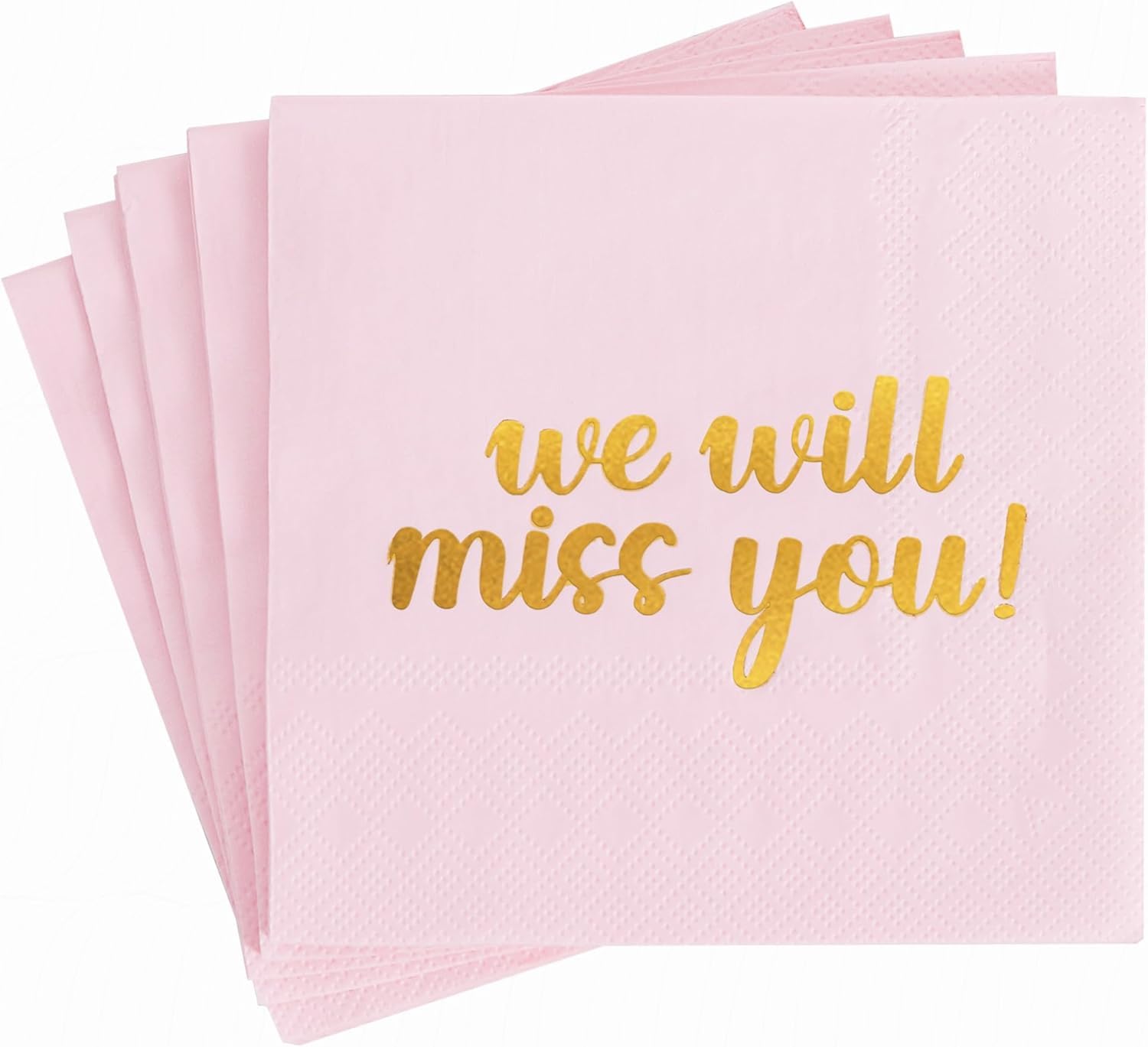 DecoGlee 50 Pack We Will Miss You Cocktail Napkins - Farewell Party Decorations for Coworkers Leaving, Retirement,Graduation, Military Goodluck & Moving Celebrations(5" Folded 2 Ply-Pink)