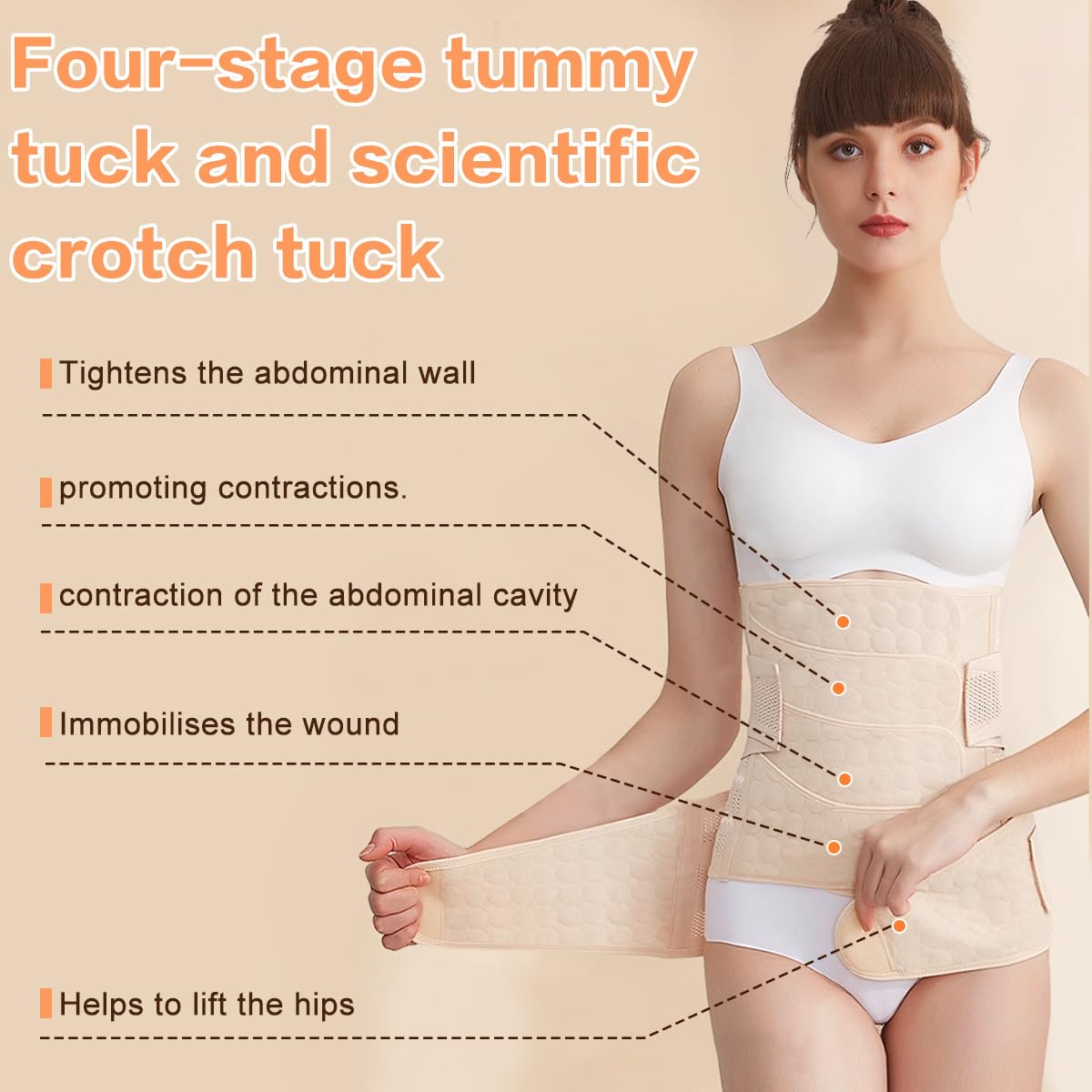 Ceinture Post Accouchement, 2 en 1 Ceinture Abdominale Femme Gaine Post Accouchement, 4 Patchs Ceinture Post Partum Cesarienne avec Ceinture Pelvienne Ceinture Ventrale Post-partum(Beige)