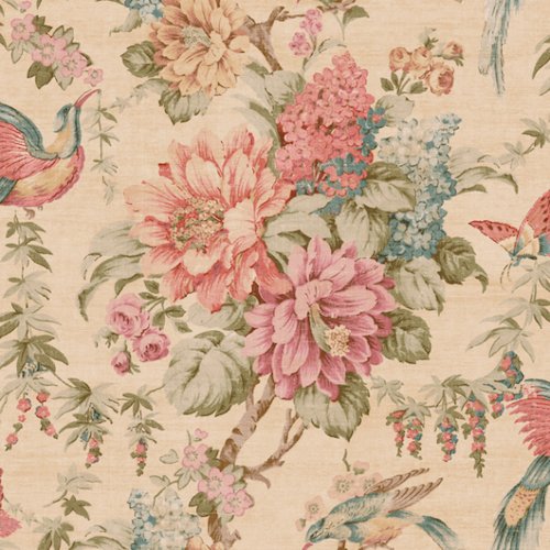 Wallpaper Pink Coral Green Brown Teal Tan Blue Floral Vine & Birds Butterflies on Beige