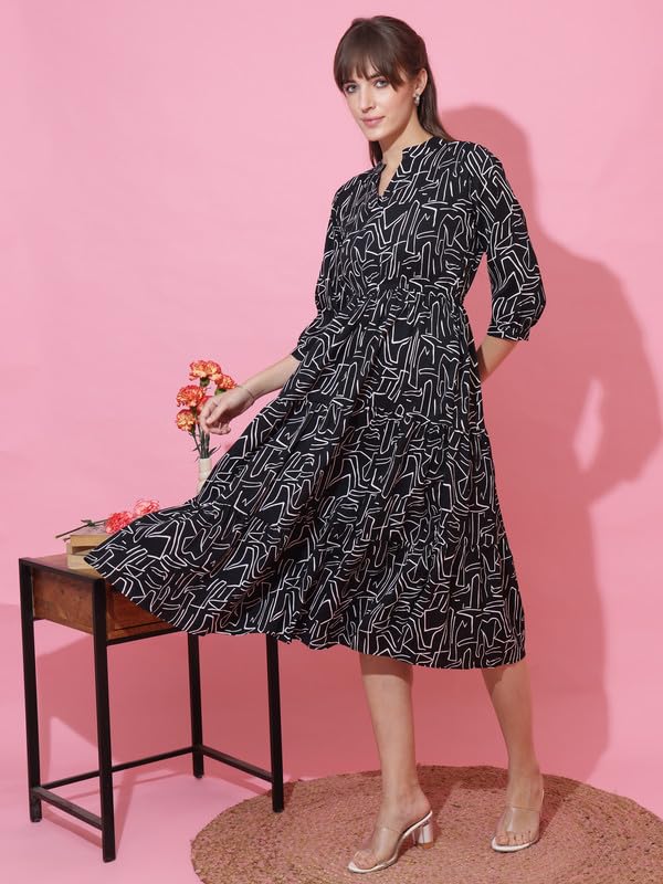 Image of Sheetal Associates Women's Casual 3 /4 Sleeve Crepe Fit and Flare Dress| Comfortable Relaxed Fit Summer Party Dress