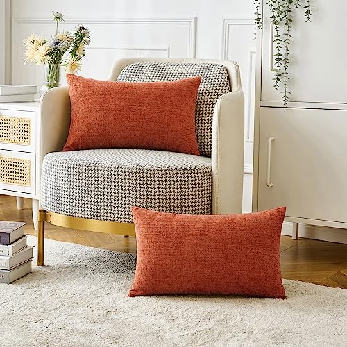 Image of MIULEE Pack of 2 Couch Throw Pillow Covers 12x20 Inch Soft Burnt Orange Chenille Lumbar Pillow Covers for Sofa Living Room Fall Home Decor Solid Dyed Cases