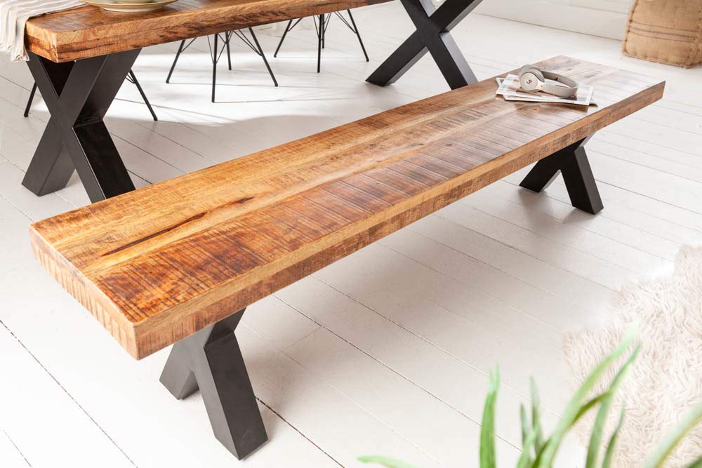 riess-ambiente.de Industrial Sitzbank Iron Craft 200cm Mangoholz mit schwarzen X-Beinen Bank Massivholzbank Küchenbank