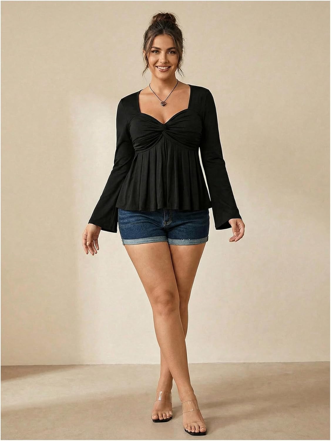 GORGLITTER Women's Plus Size Babydoll Tops Long Sleeve Peplum Ruffle Cute Sweetheart Smocked Flowy Shirts - Image 4