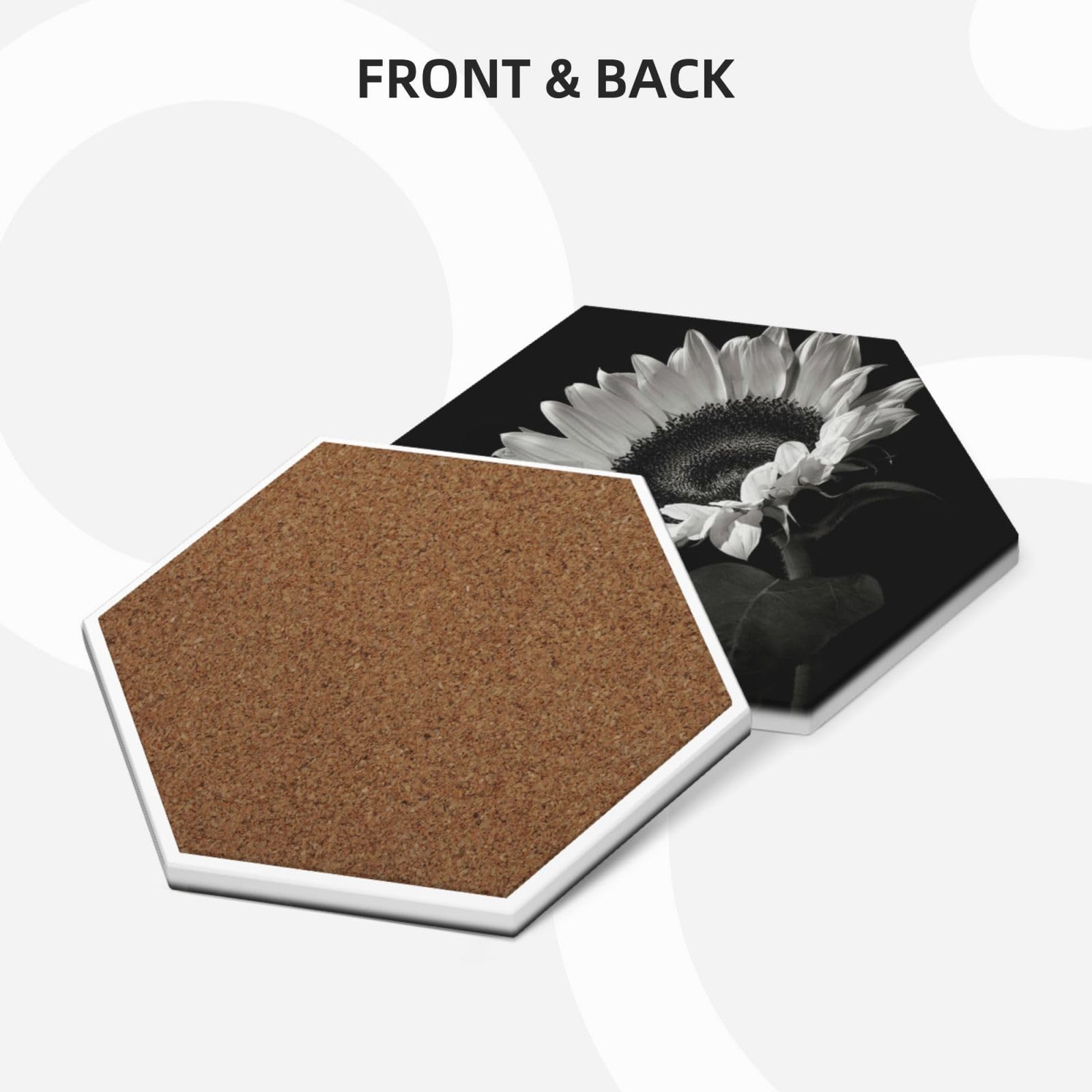 Set di 4 sottobicchieri decorativi in ceramica con stampa di girasole nero e grigio