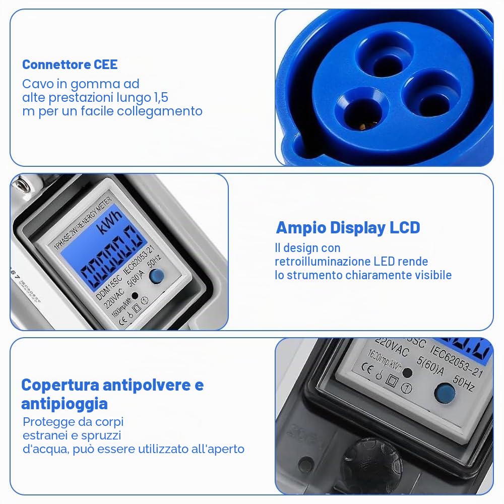 Contatore elettrico digitale portatile, 230 V, 16 A, per presa di corrente, per esterni, IP67, impermeabile, contatore intermedio per esterni, con cavo in gomma, portatile, per camper veicoli