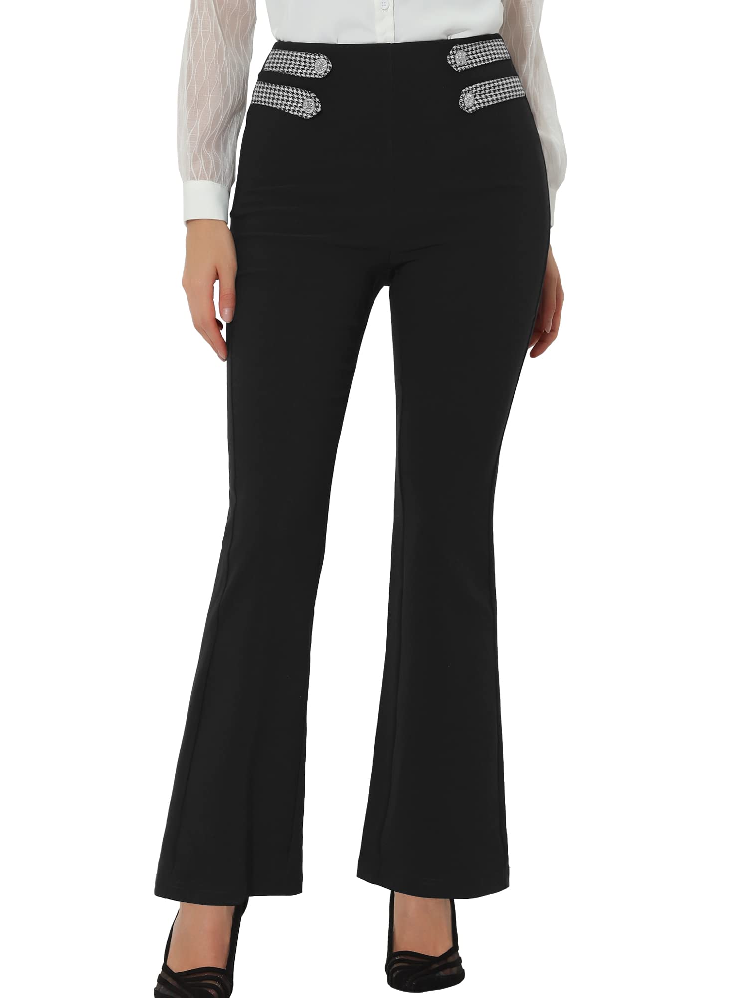 Allegra K Womens 2023 Wear to Work Long Trousers Casual Business Elastic High Waist Bell Bottom Flare Pants