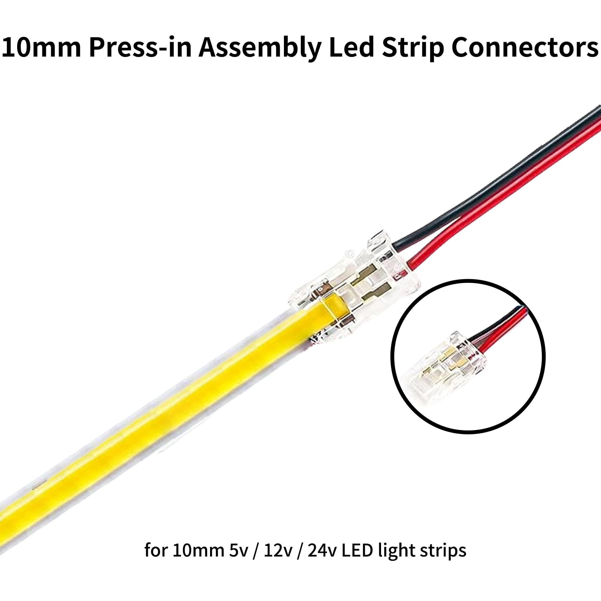 Clearhill 8mm 2Pin 20 Packs Press-in Assembly COB Led Strip Connectors,Ultra Slim,Strip to Wire Connectors + 10cm Cable for Single Color 5V/12V/24V Light Strips,Transparent Terminal,Safe Connection - Image 2