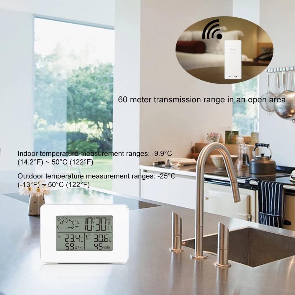 HBJWOV Weather Station Sensor Indoor Outdoor Digital Thermometer Hygrometer Table Alarm Clock in White with Backlight