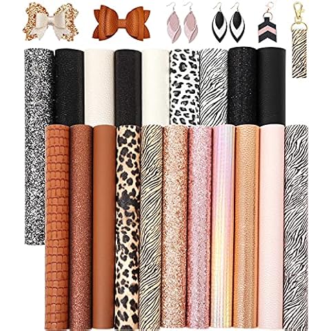 LOTOFUN 20Pcs/Set New Contrast Color Faux Leather Sheets 8x6 Inch Mixed Black & White & Brown & Rose Gold Series Holographic Sparkle Chunky Glitter Leopard Pattern for Bows Earrings Making DIY Craft Cover