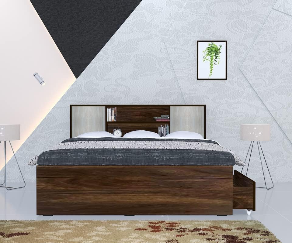 Image of Torque Henrich Engineered Wood King Size Bed with Drawer Storage & Back Storage - Brown | Wooden Palang Diwan Cot for Living Room Furniture | Double Bed for Sleeping