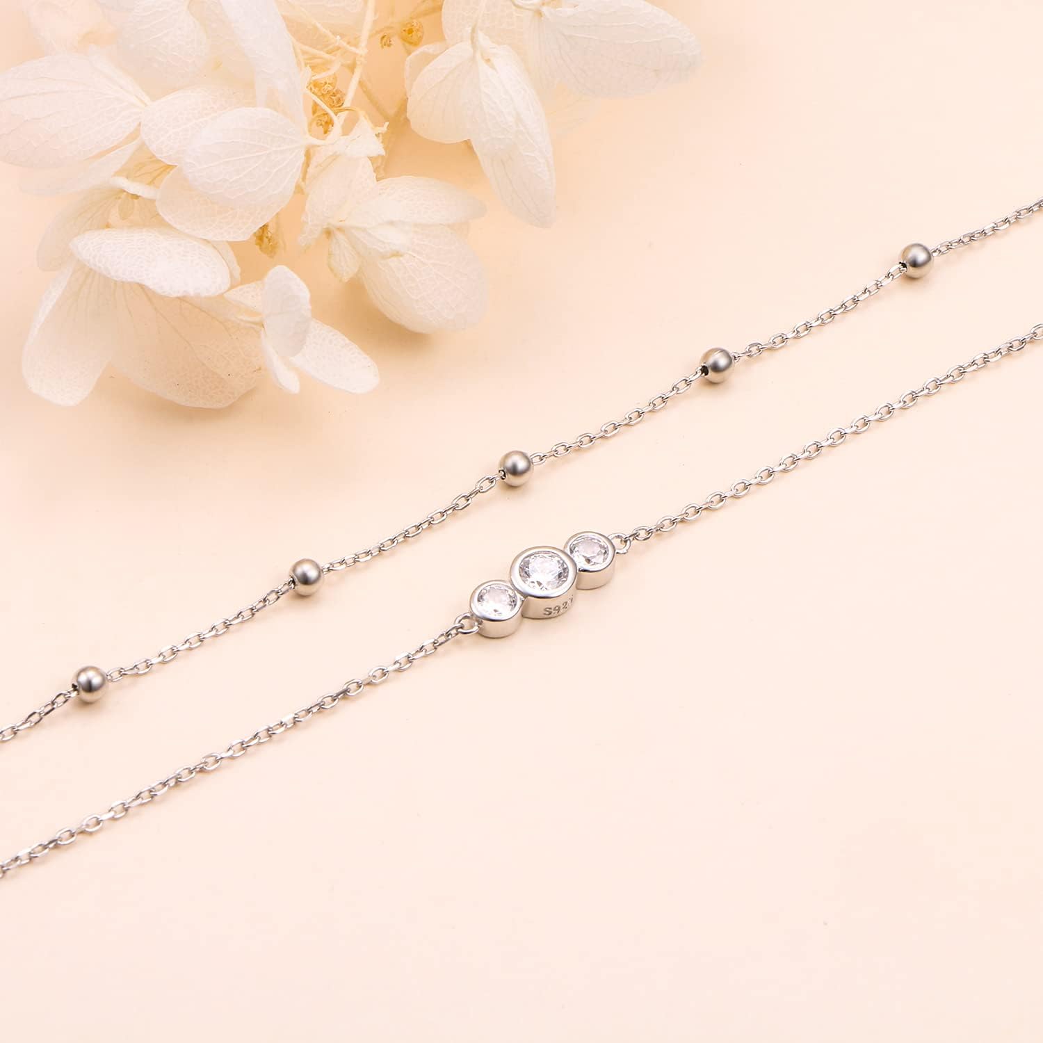 Flyow Anklet for Women S925 Sterling Silver Adjustable Foot Beaded Heart Charm Ankle Bracelet Anklets Jewelry - Image 6