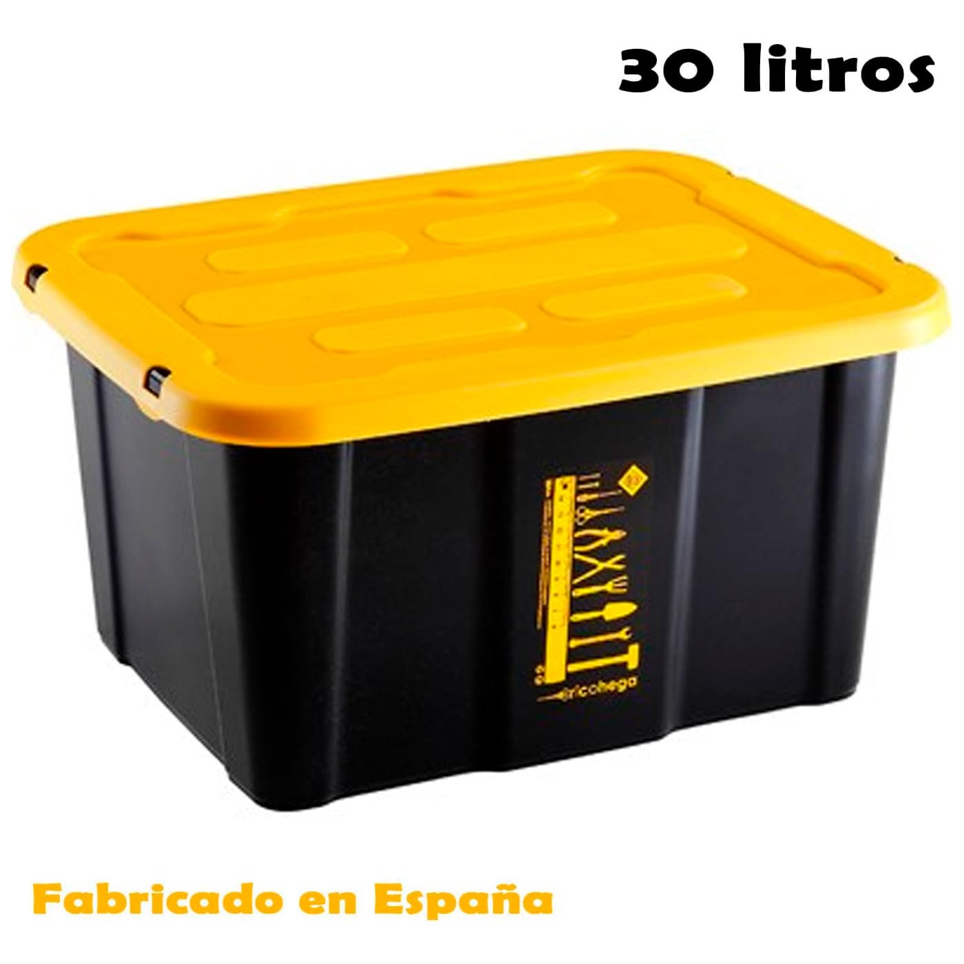 ACAN Tradineur - Caja de almacenaje apilable con tapa, plástico, cajón multiusos, ordenación, herramientas, hogar, fabricada en España (Amarillo y negro - 30 litros - 48 x 38 x 25,5 cm)