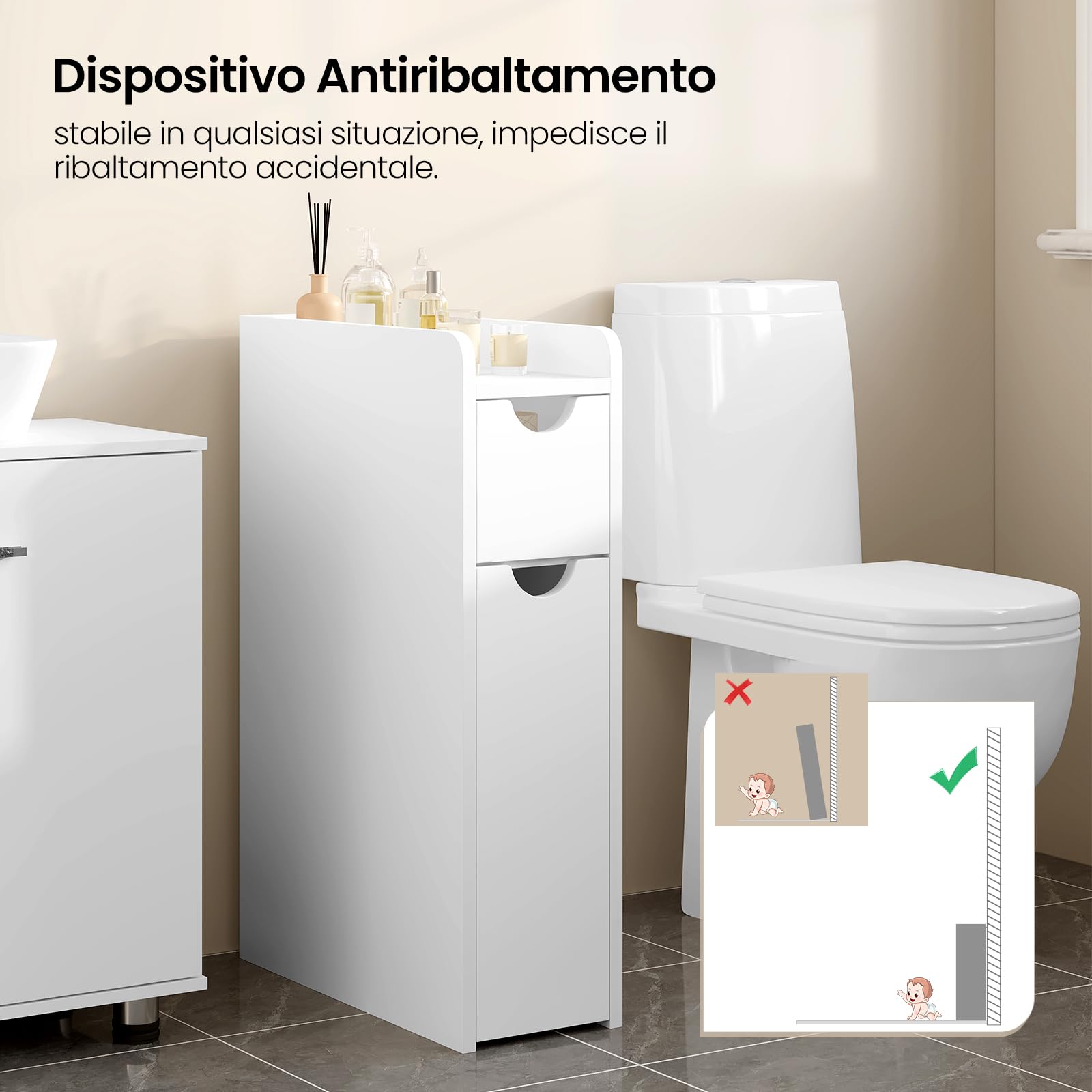 EUGAD Mobile Bagno Stretto con 2 Cassetti, Mobiletto Compatto Salvaspazio, Armadietto Bagno Verticale, Multifunzionale con Ripiano Aperto, Bianco