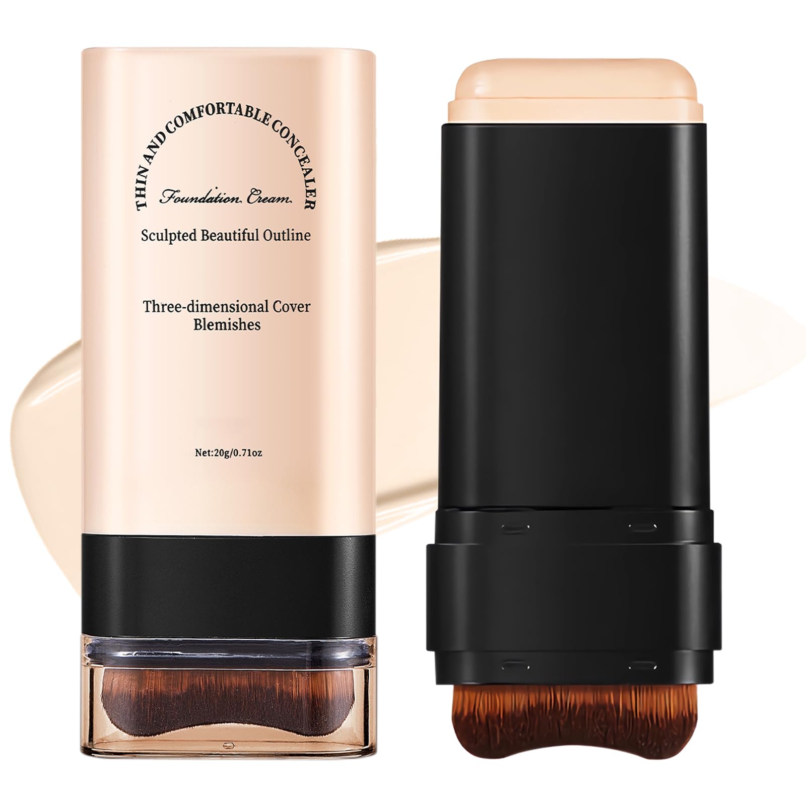 Multi-Use Full Coverage Foundation Stick Makeup, Concealer and Contour Stick with Built-In Brush