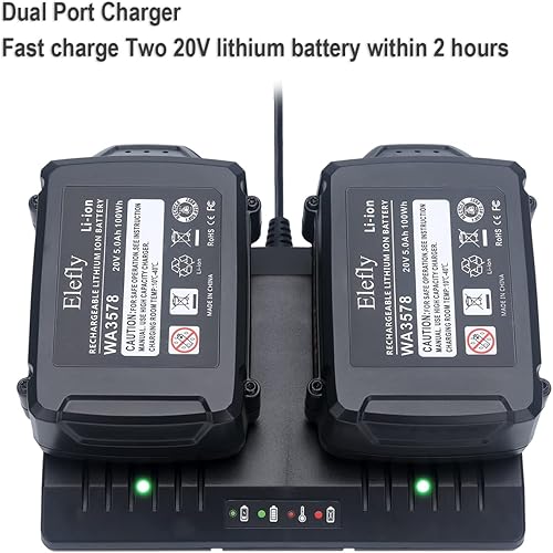 Miniatura 2 de Elefly Cargador WA3875 de doble puerto de 20 V compatible con batería de litio Worx 18V/20V WA3578 WA3525 WA3520 WA3575 WA3512 WA3770 WA3881 WA3742