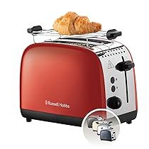 Russell Hobbs Tostapane – 2 Fette – Acciaio Inox Rosso; Scomparti per toast extra larghi; 6 livelli di doratura; Funzione di scongelamento; Funzione solleva e guarda, 1600 W, ColorPlus 26554-56