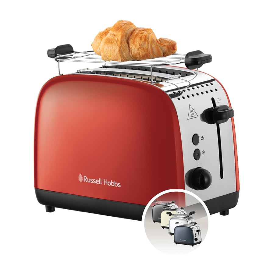 Russell Hobbs Tostapane - 2 Fette - Acciaio Inox Rosso; Scomparti per toast extra larghi; 6 livelli di doratura; Funzione di scongelamento; Funzione solleva e guarda, 1600 W, ColorPlus 26554-56