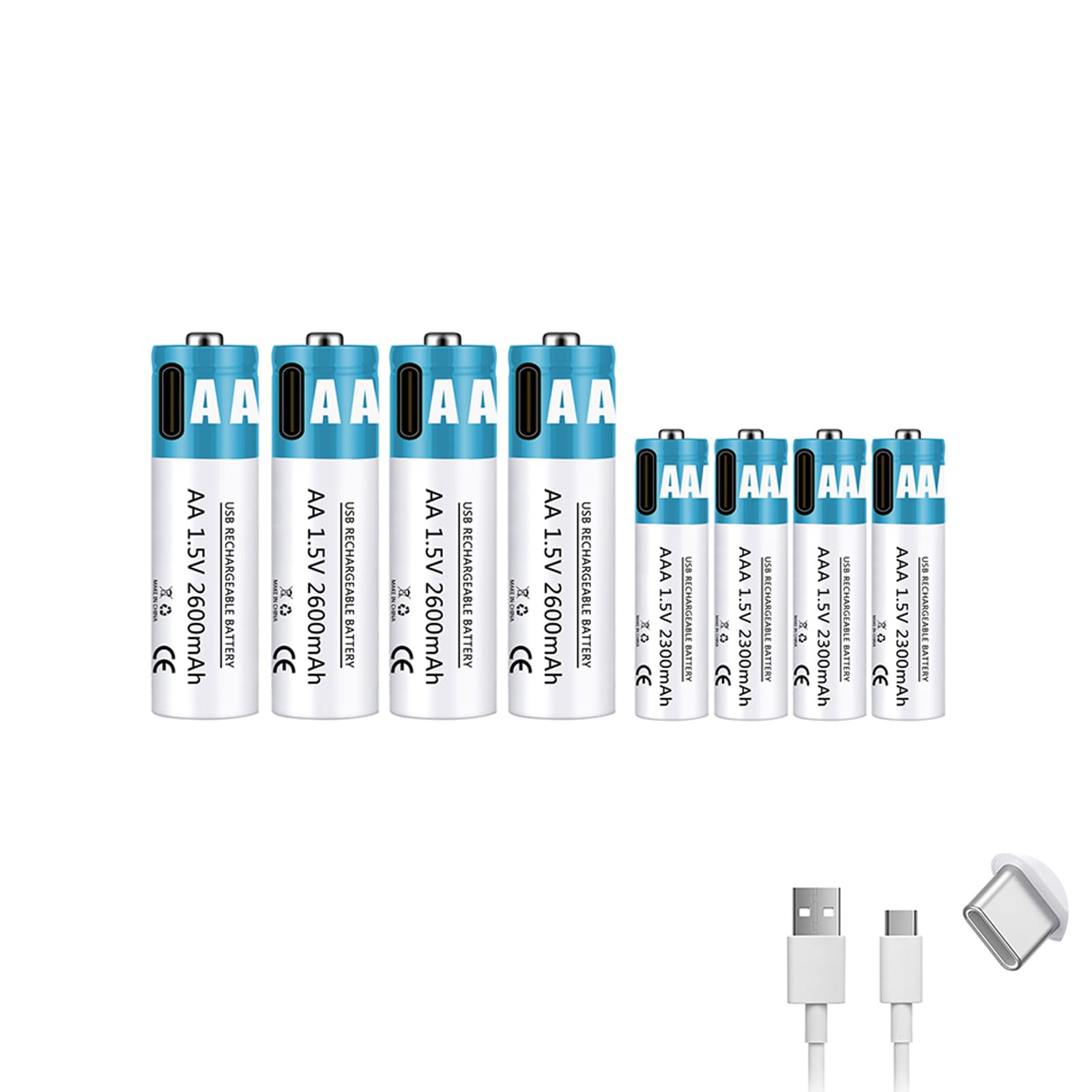 Baterías Recargables AA+AAA 1,5 V 2600 mAh + 2300 mAh batería de Iones de Litio de Alto Rendimiento Carga rápida USB-C (con Cable) para Juguetes/teclados,2600mah+2300mah,4pcs