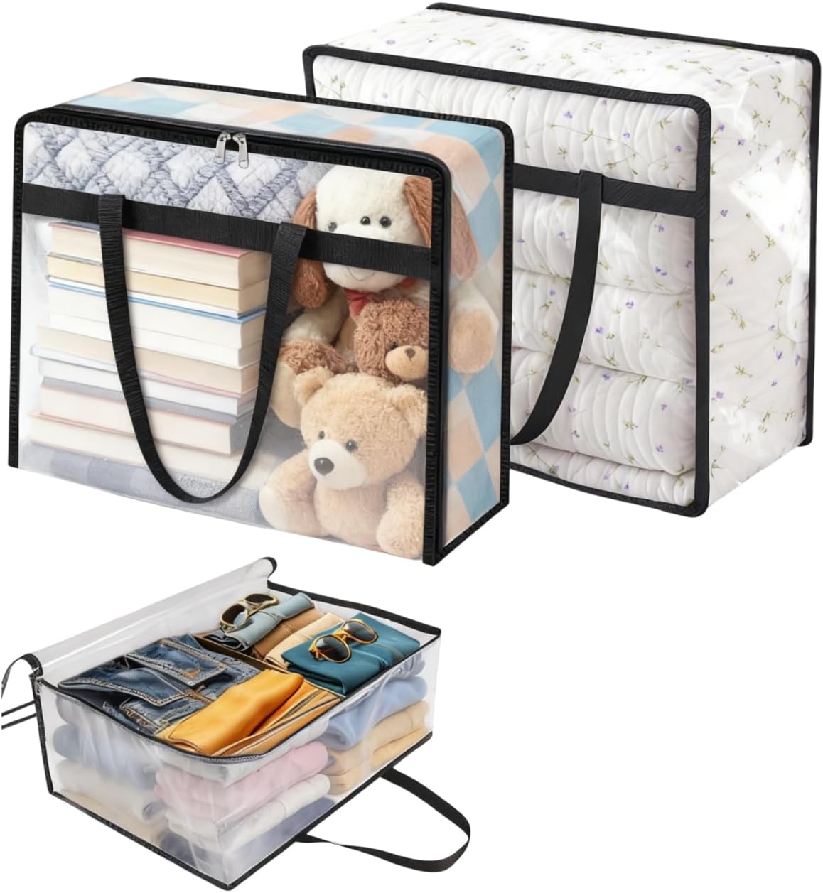 2 Pack Clear Storage Bags for Comforter, Clothes & Bedding, Closet Organizers and Storage Containers Vinyl Foldable Moving Bags with Zipper and Handle.
