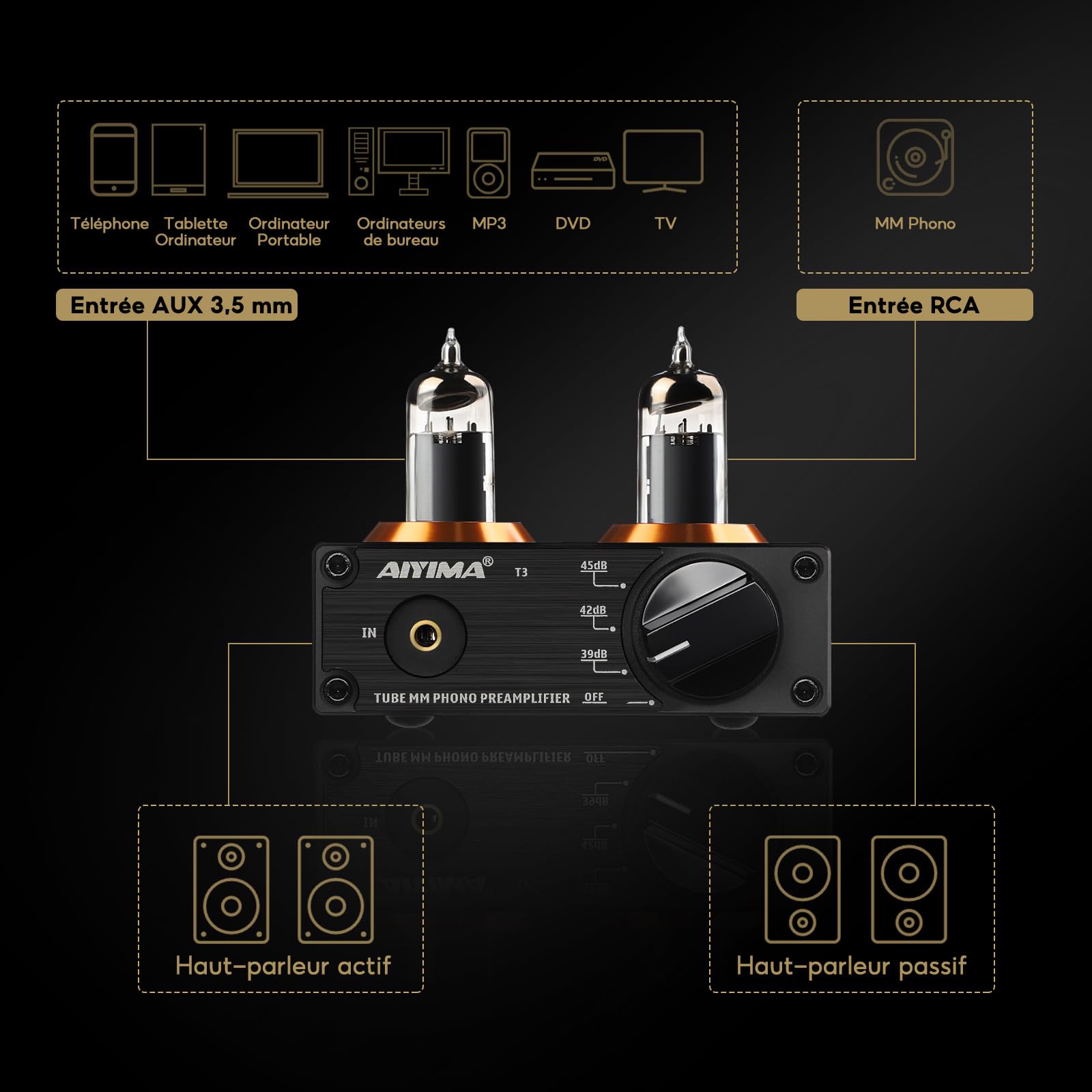 AIYIMA T3 Tube MM préamplificateur Phono préampli HiFi avec gain préampli Audio stéréo pour platine vinyle phono Audiophile/tourne-disque