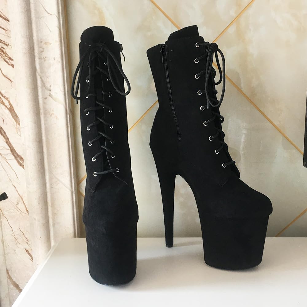 denova's Damskie buty na wysokim obcasie sznurowane duży rozmiar platforma striptizerka taniec na rurze buty do połowy łydki z zamkiem błyskawicznym, Czarny zamsz, 40 EU