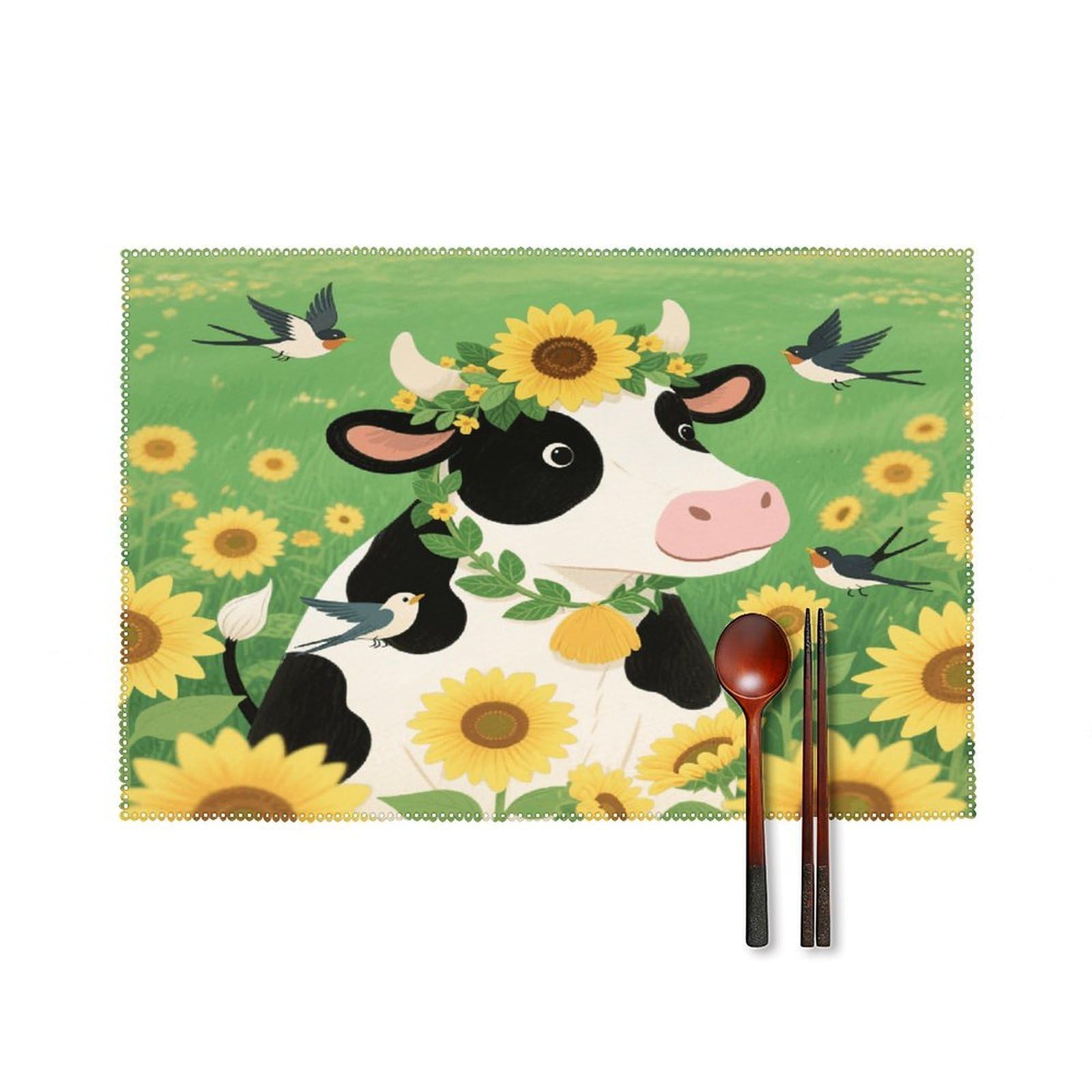 Sunflower Cow Placemats Set of 4 Heat Resistant Non-Slip Place Mats for Dining Table Washable Placemat Wipeable Dining Table Mat Canvas Place Mats Dining Table Decor