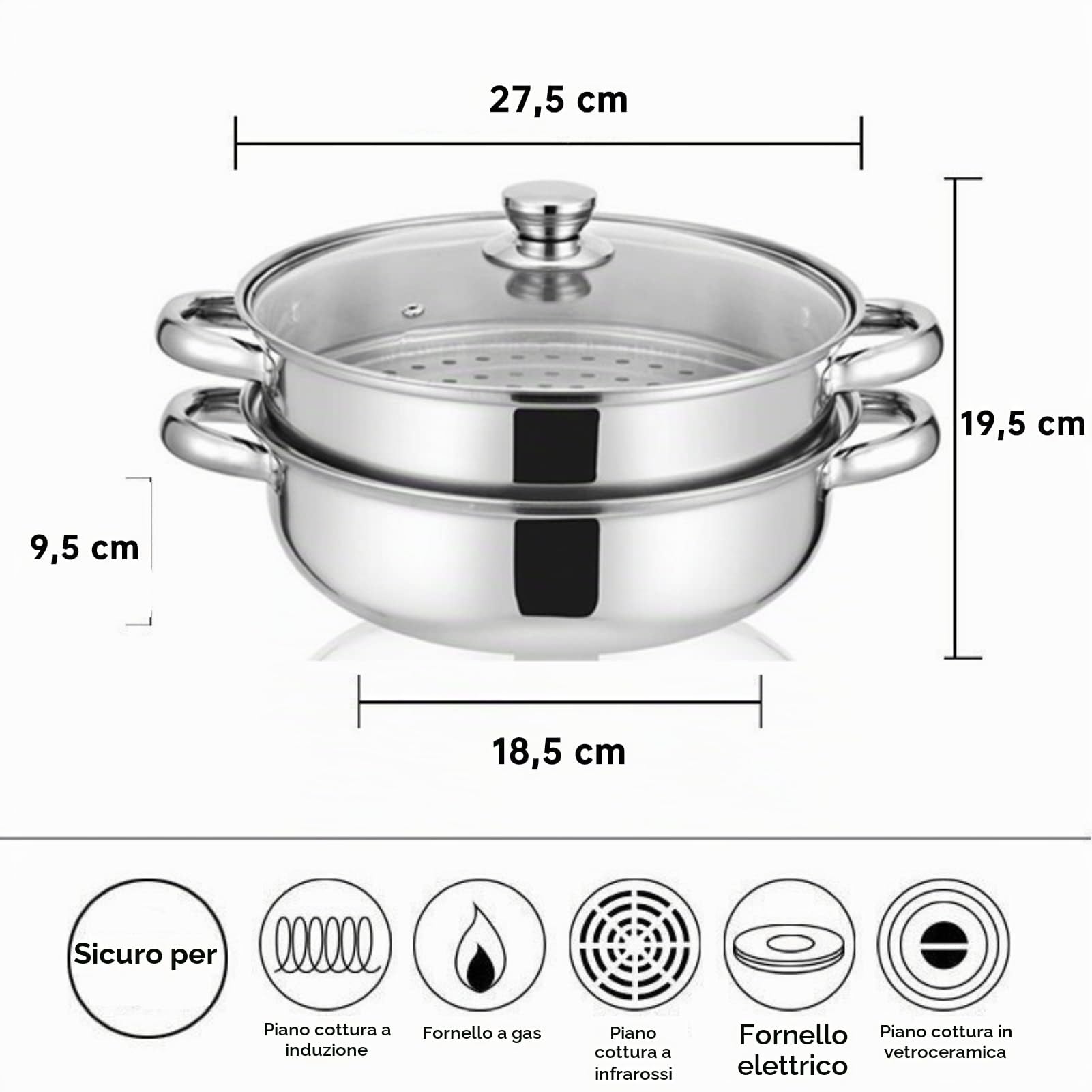 Set di Pentole per Cottura a Vapore in Acciaio Inossidabile a 2 Strati, Pentola a Vapore per Cucinare, Padella per Tutti i Giorni, Set di Pentole per Cottura a Vapore, con Coperchio in Vetro, Padella