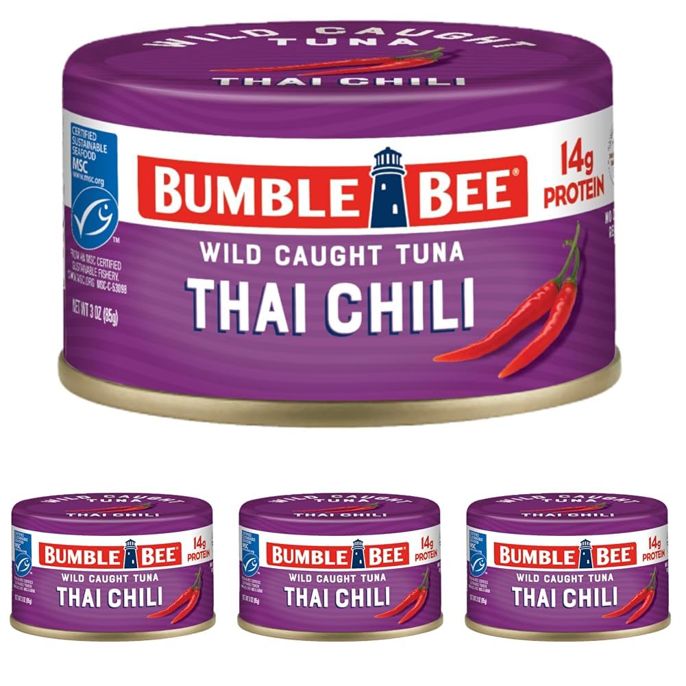 Bumble Bee Snackers - Thai Chili Tuna, 3 oz Easy Open Can - 14g Protein per Serving - Wild Caught Skipjack Chunk Light Tuna Pack - No Draining, Ready to Eat (Pack of 4)