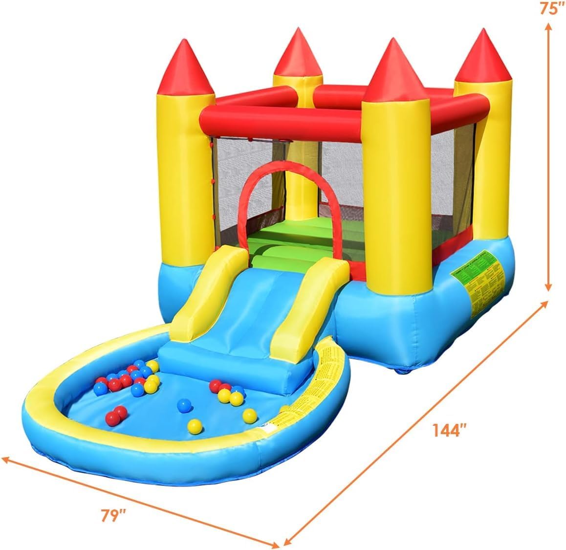 DORTALA Inflatable Bounce House, Kids Jumping Castle with Water Slide, Jumping Area, Splash Pool, Bouncy Castle with Carrying Bag, for Children Aged 3-5 Years Old, Outdoor Backyard (Without Blower)