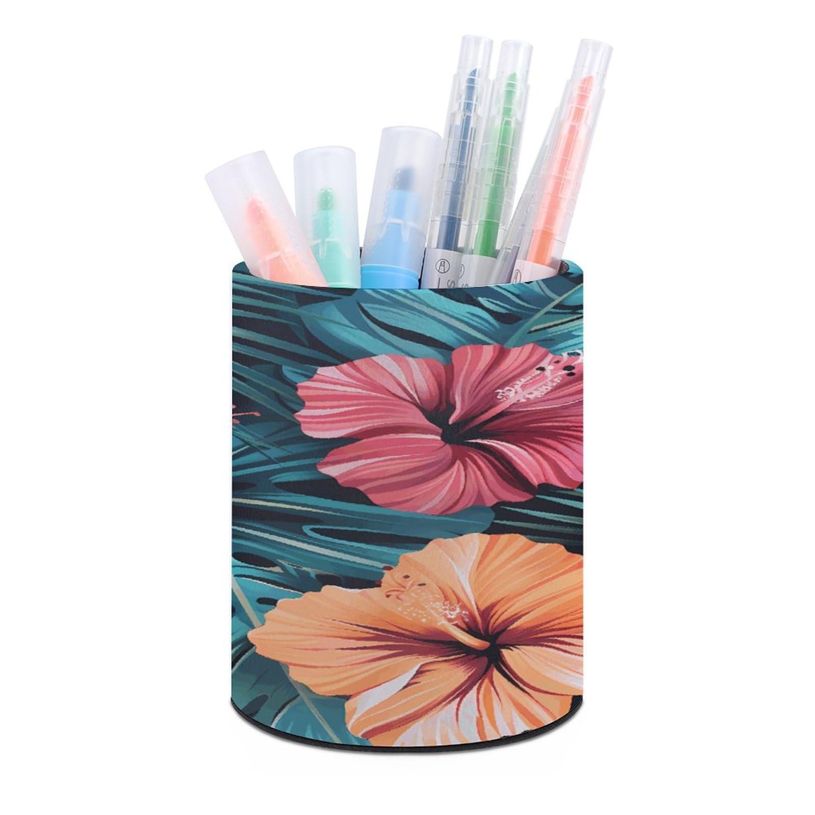 Tropical Summer Hawaiian Flower Palm Leaves Pen Holder for Desk Makeup Brush Holders Stylish Pen Cup Cute Pencil Cup Round Pencil Holder Decor Brush Scissor Holders for Multifunctional Office Supplies