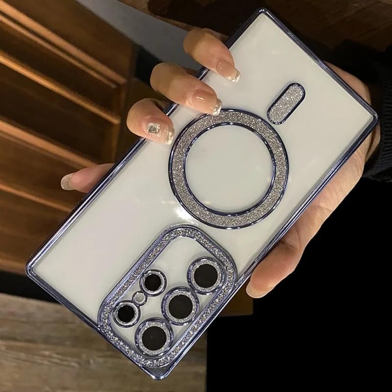 Image of for Samsung Galaxy Glitter Case,Luxury Bling Rhinestone Diamond Plated Bumper Case,MagSafe, Sparkle Camera Lens Protection Clear Back Cover (Blue, for Samsung Galaxy S24 Ultra)
