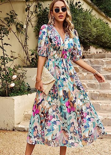 Women's Summer Boho Midi Dress V-Neck Puff Sleeve Flowy Beach Party Dresses Tropical Vacation Cruise Resort Outfits 6
