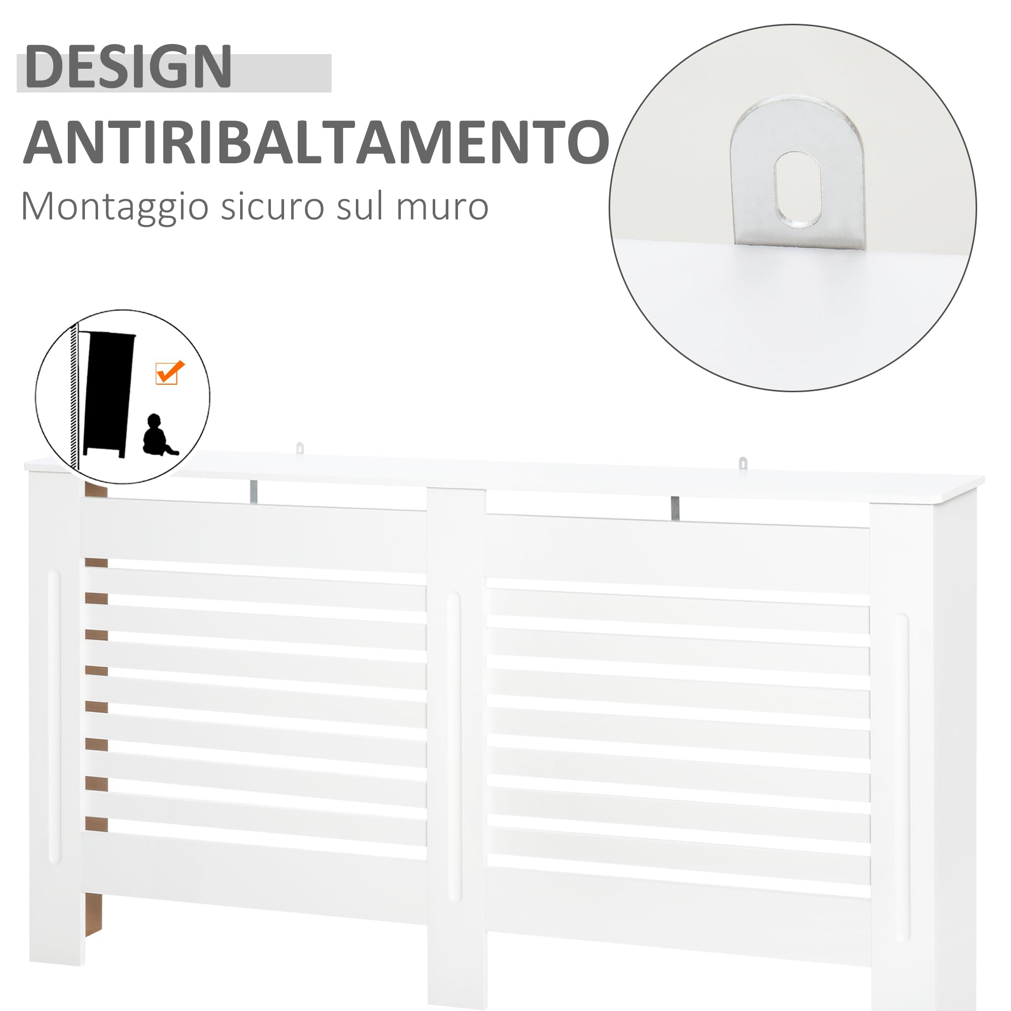 HOMCOM Copritermosifoni a Doghe con Ripiano Portaoggetti 172x19x81cm Bianco | Copri Termosifone Moderno, Antiribaltamento, Copertura Radiatore MDF, Soggiorno, Corridoio, Ufficio