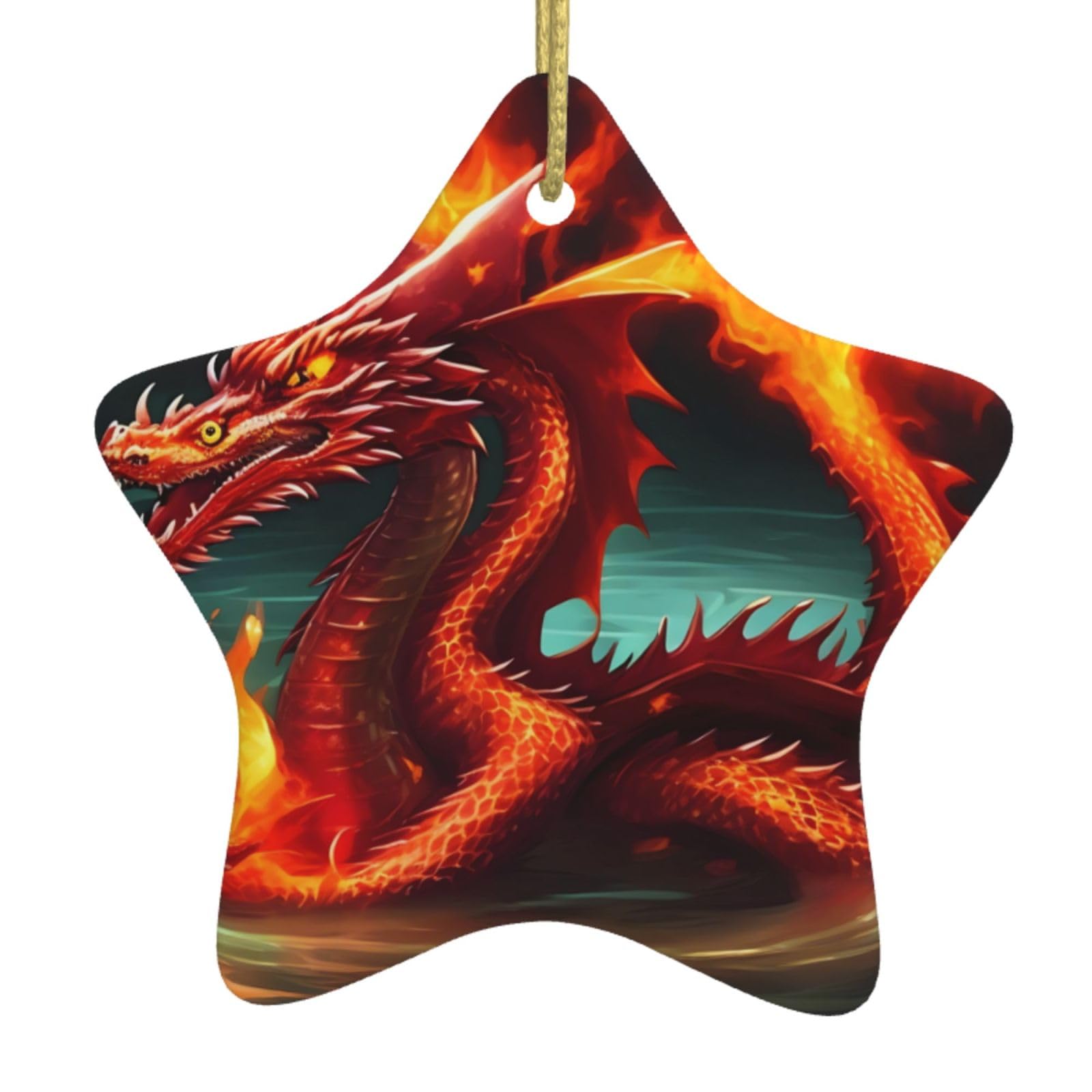 Dragon King in Fire Christmas Ceramic Star Pendant with Punched Holes and Gold Wire Rope, Christmas Tree Home Decoration