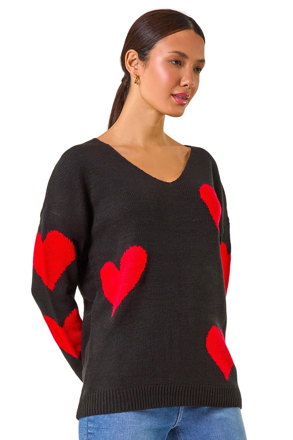 Roman Originals Women's Red V-Neck Heart Detail Knit Jumper For Uk - Everyday Autumn Winter Round Neckline Comfy Soft Evening Vacation Work Party Night Out - Black - Size 14