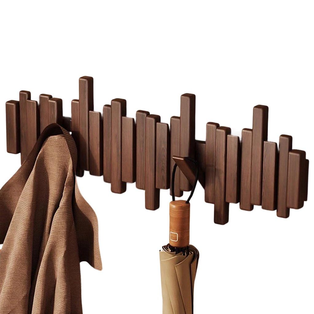 Lmysxaoz Brown Solid Wood Foldable Coat Rack Wall Mount, Walnut Color Wooden Hooks Entryway Hanging Rail Clothes Towel Racks With Double Hook For Coat, Bag 6Hook