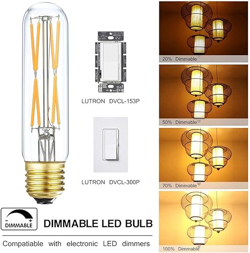 Miniatura 5 de Bombilla LED T10, bombillas tubulares LED regulables de 8 W, equivalente a 75-100 vatios, 850 lm, vidrio transparente, bombilla base E26, para