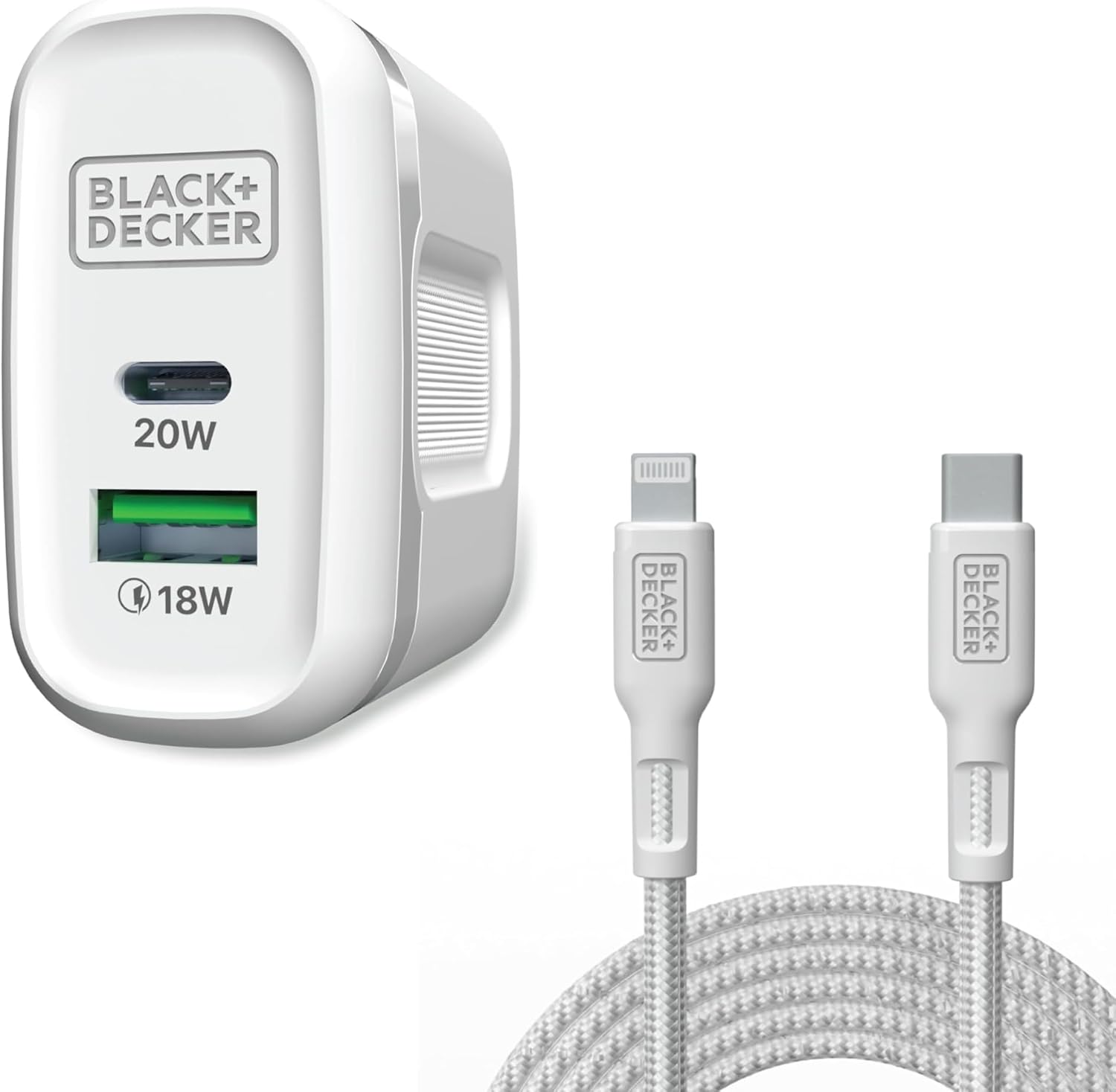 BLACK+DECKER Fast Charge Duo: 20W GaN USB-C Wall Charger + 3ft Braided Lightning Cable
