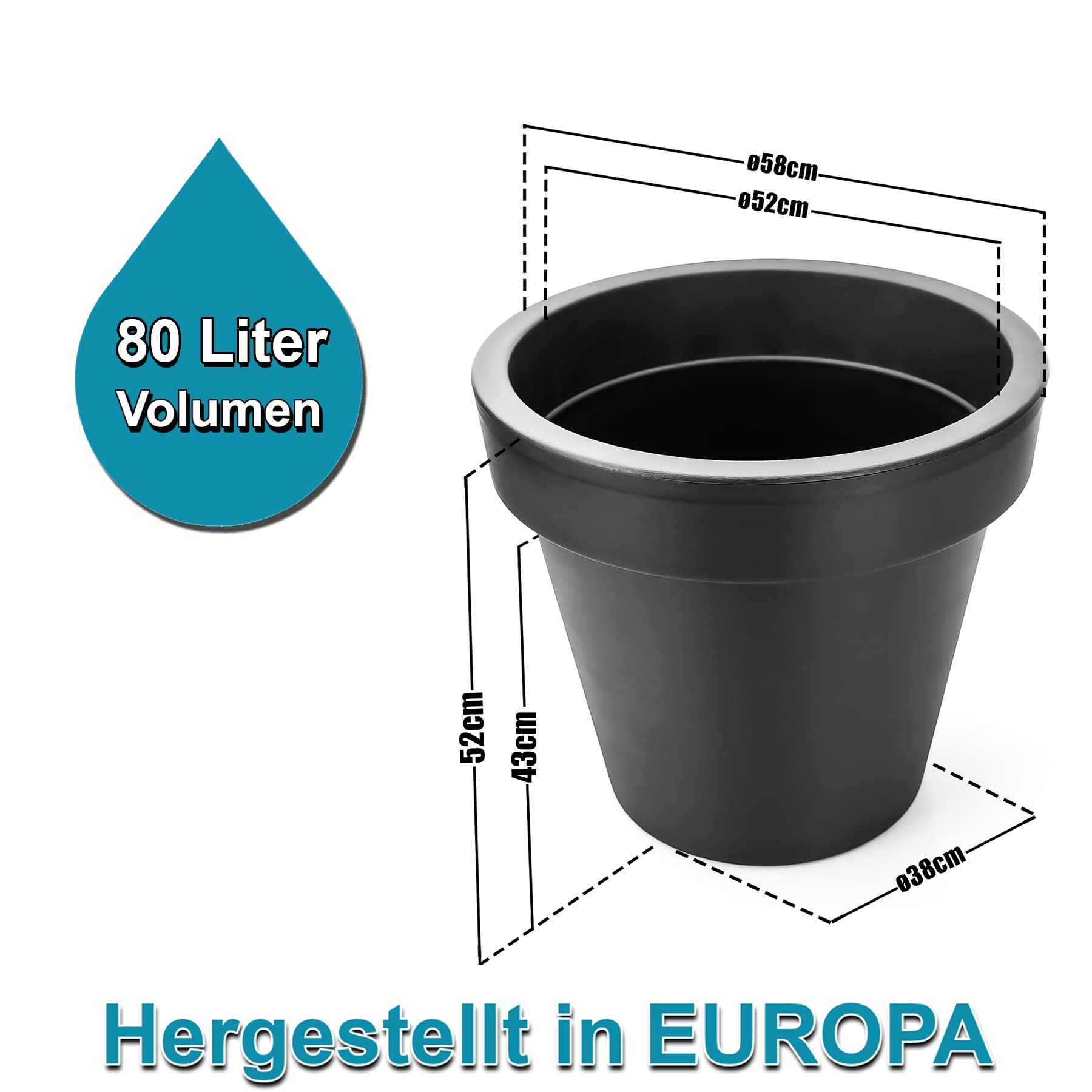 BigDean 2X Blumentopf XXL ø 60 cm Classic anthrazit + 360 Grad Rollen | wiederverschließbarer Wasserablauf - wetterfester Kunststoff - Pflanzkübel groß Außen & Innen geeignet