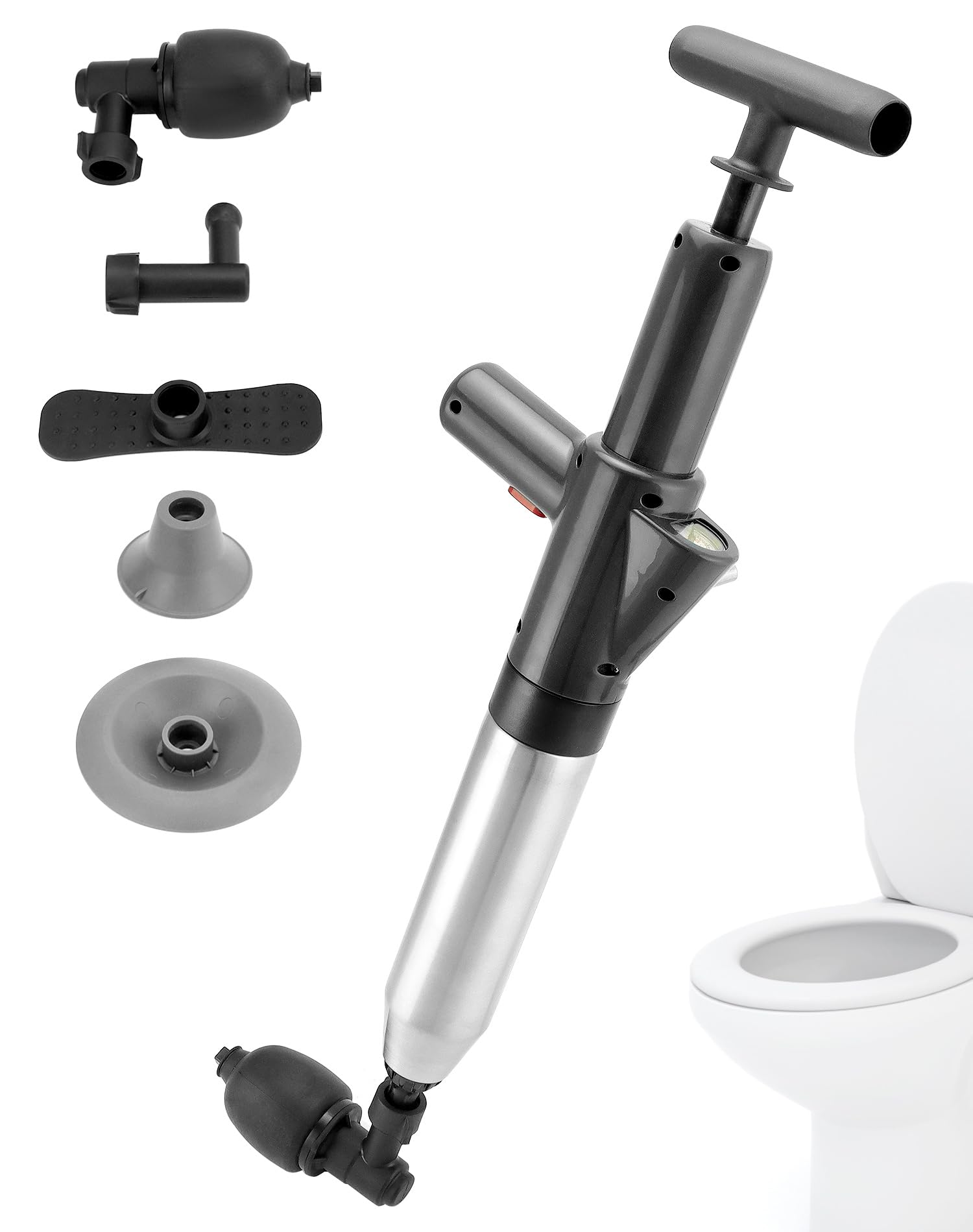 QWORK® Zestaw tłoka toaletowego, tłok wysokociśnieniowy do udrażniania z manometrem ciśnieniowym do udrażniania toalety/zlewu/odpływu podłogowego/zatkanej rury, zawiera 4 wymienne głowice, czarny