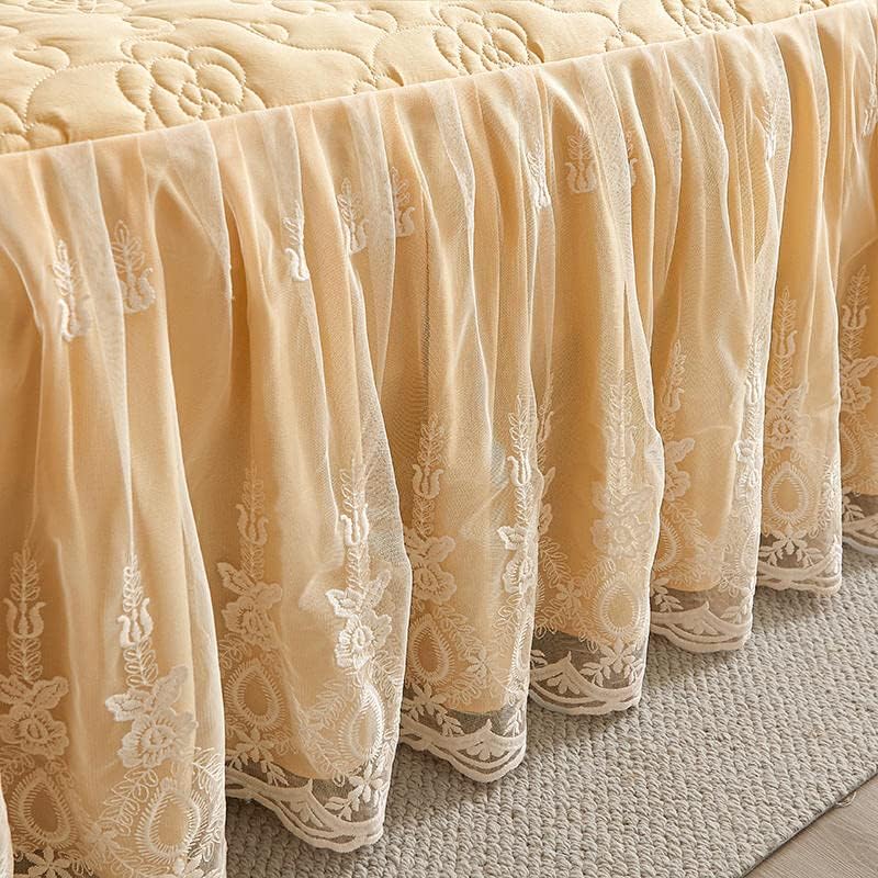 Miniatura 4 de Flower Pattern Quilted Brocade Cotton Bedspread with Lace Ruffled Bed Skirt, Queen Size, Light Yellow